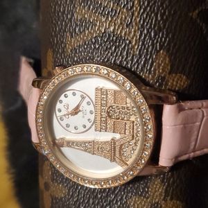 Cai Qi Paris Eiffel Tower Arc de Triomphe Rose Gold Pink Reptile Band Watch